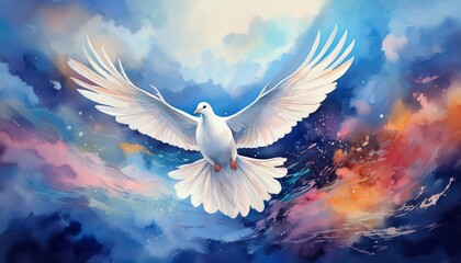 artistic watercolor background with floating white dove in surreal skies