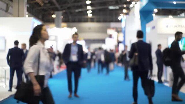 A wide video of diverse, soft-focused business attendees in a brightly lit, vast exhibition hall with azure carpet and pronounced bokeh of blurred stalls. Busy trade show concept