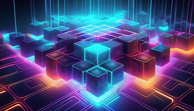 futuristic neon blockchain technology concept with glowing cubes - Powered by Adobe