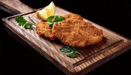 crispy seitan schnitzel with lemon and parsley on wooden board