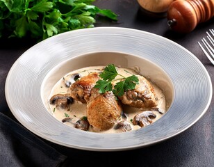 delicious chicken thighs in creamy mushroom sauce with fresh herbs