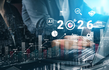 Bar graphs, charts, and number 2026 with AI and data analysis icons symbolizing future business innovation and analytics Parse