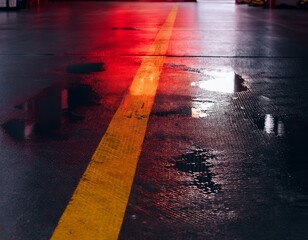wet factory floor with yellow safety line and red light reflection in puddle industrial interior concrete surface wet reflection safety marking moody lighting