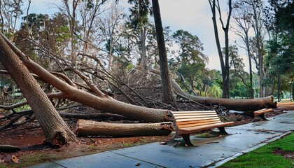 uprooted trees and snapped trunks in city park after tornado blocked paths benches buried in branches