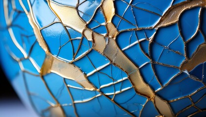 macro shot of a blue ceramic surface with golden cracks depicting kintsugi art the beauty in imperfection