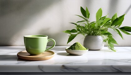 cup of matcha tea on a white marble countertop with houseplants in the background invoking a sense of calm and modern minimalism