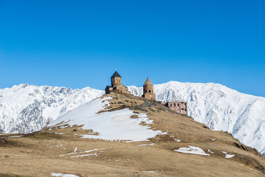 14th century Holy Trinity Church Tsminda Sameba near Mount Kazbek in Georgia