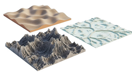 3d terrain maps set isolated on transparent background