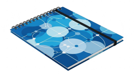 Blue spiral notebook with connected circles design isolated on transparent background