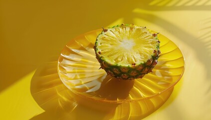 A halved pineapple on a yellow plate casting a shadow against a yellow background