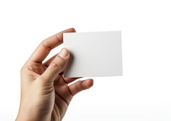 A hand holding a blank white rectangle card isolated on a white background