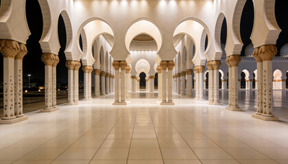 Night view of illuminated mosque colonnade with ornate arches gold capitals and reflective marble floor majestic islamic architecture courtyard background