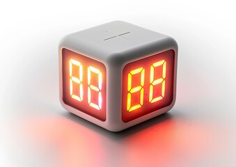 A modern white cube showing digital numbers in red, lit from within, isolated on white