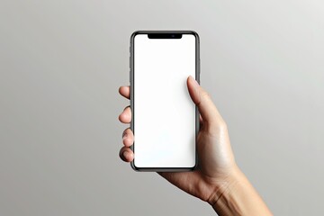 A hand holding a smartphone with a blank white screen against a neutral gray background