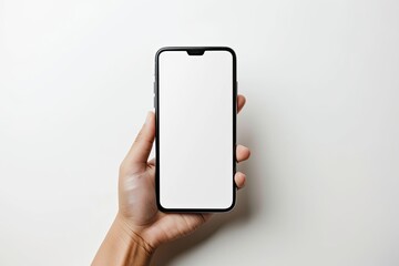 A hand holding a smartphone with a blank white screen against a white background