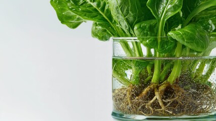Small green plant growing in square glass jar with roots in water hydroponic concept