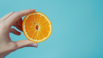 A hand holds a sliced citrus fruit, vibrant orange against a smooth, bright blue backdrop