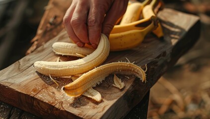A hand peels a banana resting on a rustic wooden cutting board, alongside other bananas
