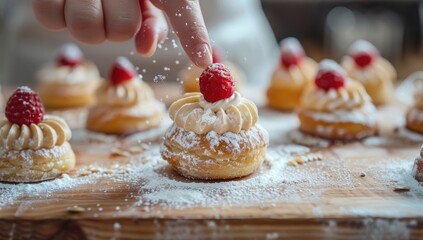 A hand sprinkles powdered sugar on a mini pastry with a raspberry