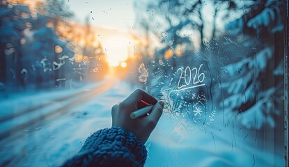 A hand writing 2026 on a frosty window. A winter scene with a road and snowy trees outside