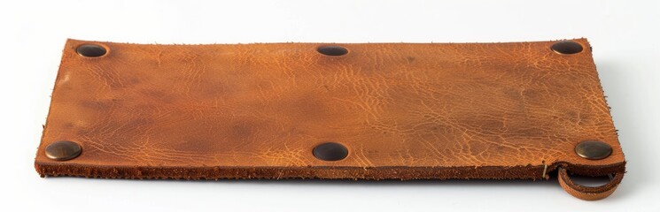 A handcrafted, rectangular leather holder, secured with rivets, featuring a small loop, set on a white surface