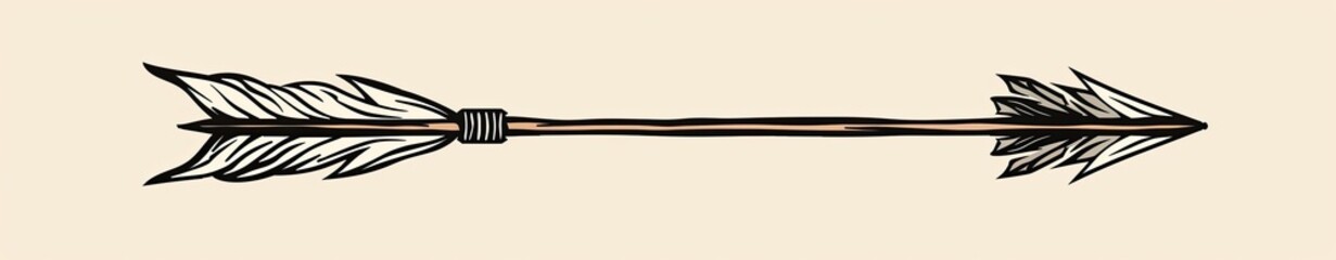 A hand-drawn arrow, featuring feather fletching and a pointed arrowhead, isolated on neutral background