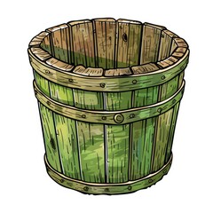 A hand-drawn illustration of a weathered, green wooden bucket, featuring visible grain and texture