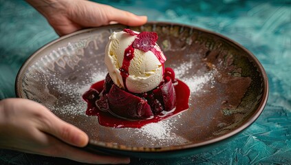 A hands-held plate featuring a dessert vanilla ice cream atop vibrant red beets, a splash of sauce