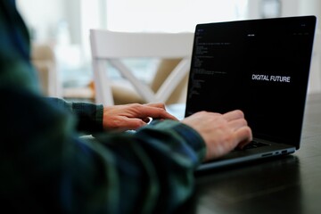 Middle Aged Coder Man Vibe Coding in Artificial Intelligence Infused Integrated Development Environment - Software Engineer Uses AI Based IDE Concept