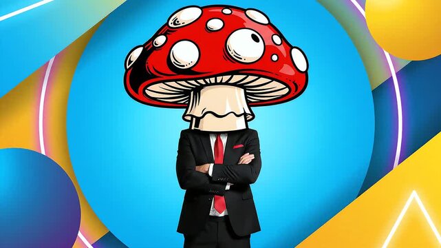 Animated Businessman Under Giant Mushroom in Vibrant Neon Background