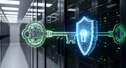 Digital Key and Shield Protecting Server Racks in a Data Center.