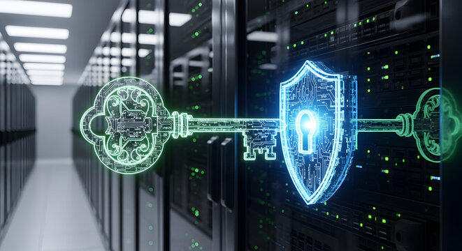 Digital Key and Shield Protecting Server Racks in a Data Center. - Powered by Adobe