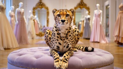 Cheetah sitting on a luxurious velvet ottoman in a high end fashion boutique displaying elegant evening gowns