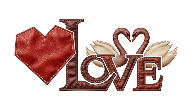 Red leather heart and brown love text with swans isolated on a transparent background