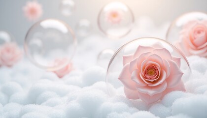 Delicate pink roses floating in soap bubbles on a dreamy background
