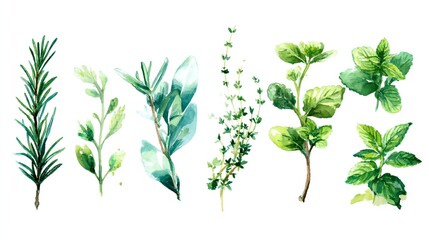 Obraz premium Hand drawn green medicinal herb plants illustration set isolated on white background botanical sketch 