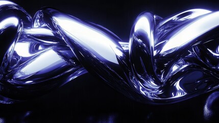 Abstract metallic sculpture with converging streams of polished chrome reflecting vibrant light against a dark background