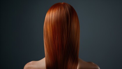 Naklejka premium Luscious long red hair flowing smoothly down the back against a dark background showcasing vibrant color and shine