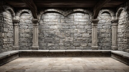 Fototapeta premium Stone walls support a platform with seating. The structure is designed for gatherings and events in a historical style setting.