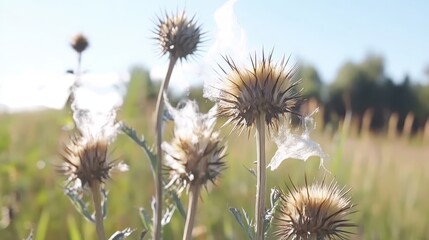 Brittle dried thistle heads disintegrating into wisps of seeds in a sunlit field