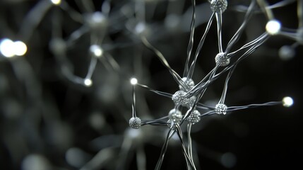 Abstract network of silver wire interwoven with tiny glowing nodes in a science and technology concept