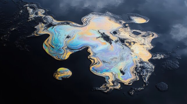 An abstract swirl of iridescent oil slick with vibrant colors on a dark surface
