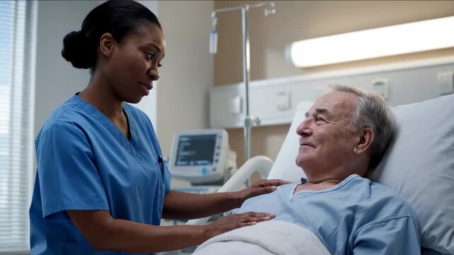 Healthcare professional providing patient care and comfort in hospital room setting