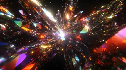 Abstract pattern of brilliant crystal shards radiating outward with vibrant colorful light in a dynamic burst