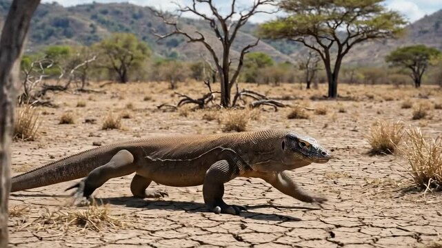 Giant monitor lizard traversing arid landscape with sparse trees under bright sky