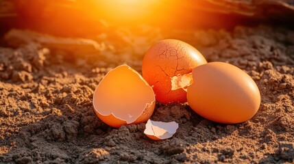 Broken orange bird eggshells scattered on sandy ground bathed in warm golden sunlight