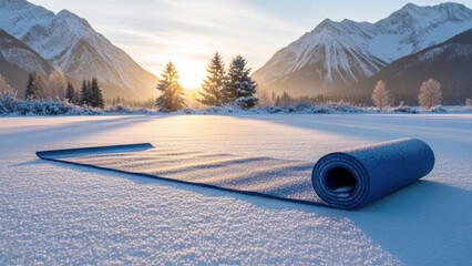 Yoga mat on snow-covered landscape during sunrise with mountain backdrop. Calm and serene scene captures yoga mat unfurled on powdery snow with surrounding trees.