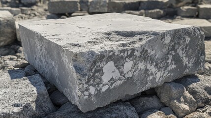 Close up of a weathered grey stone block with rough texture and chipped details set against a background of similar stones