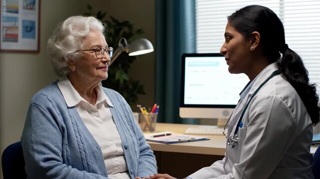 Doctor consulting elderly patient in office with focused conversation and care