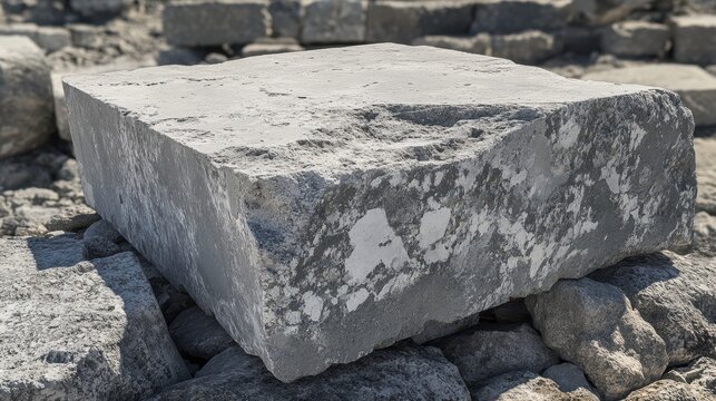 Close up of a weathered grey stone block with rough texture and chipped details set against a background of similar stones